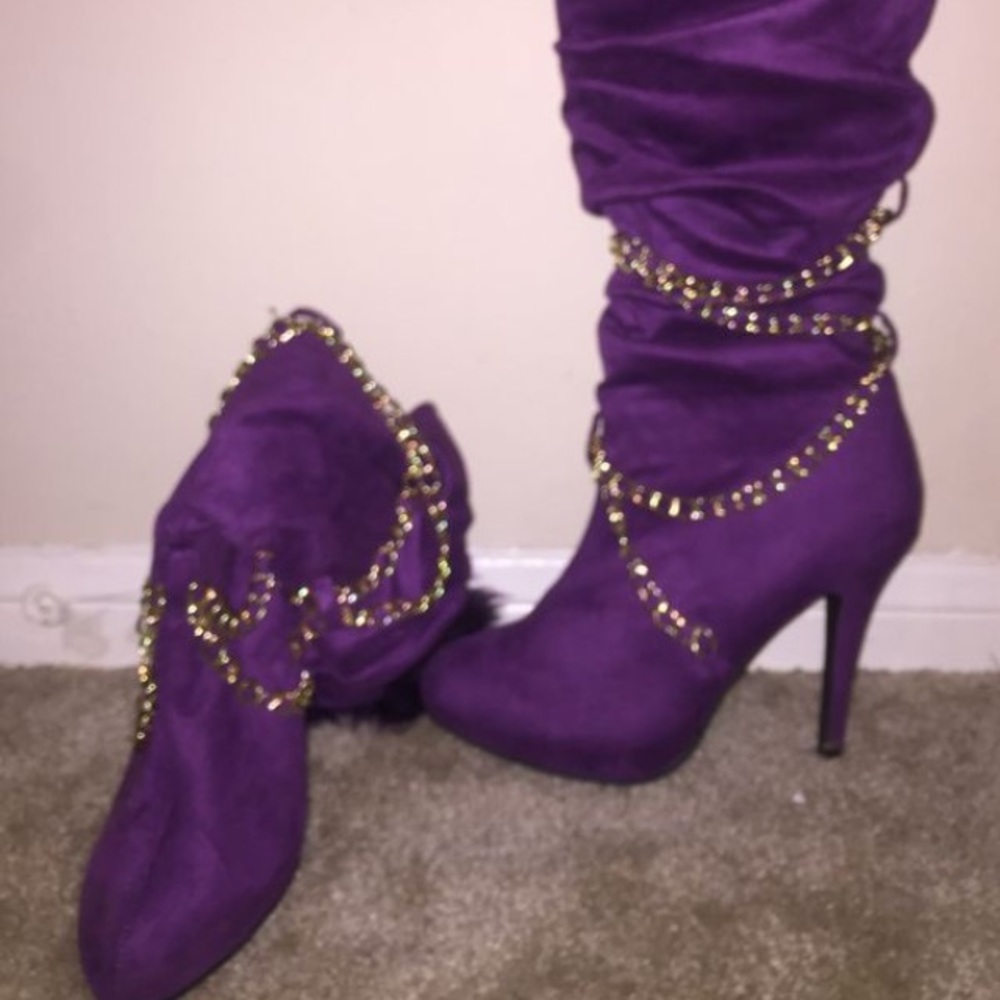 Furge Purple/Gold Chain/Fur Knee-High Booties